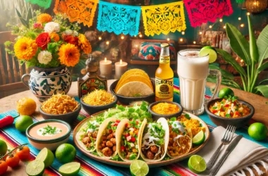 A vibrant display of dishes from Filibertos Mexican Food, featuring tacos, burritos, and colorful garnishes.