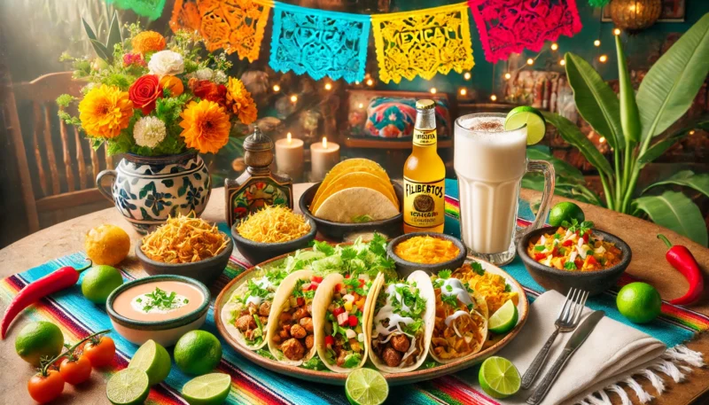 A vibrant display of dishes from Filibertos Mexican Food, featuring tacos, burritos, and colorful garnishes.