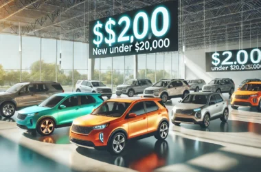 A display of sleek new automobiles under $20,000 in a modern car showroom, highlighting a variety of styles including sedans and compact SUVs.