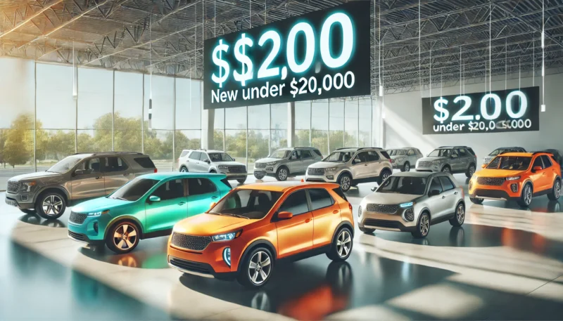 A display of sleek new automobiles under $20,000 in a modern car showroom, highlighting a variety of styles including sedans and compact SUVs.