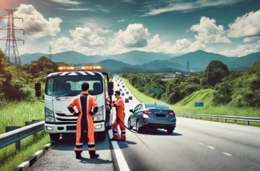 A professional roadside assistance team from the Automobile Association of Malaysia aiding a motorist on a scenic highway, with a modern tow truck and lush greenery in the background.