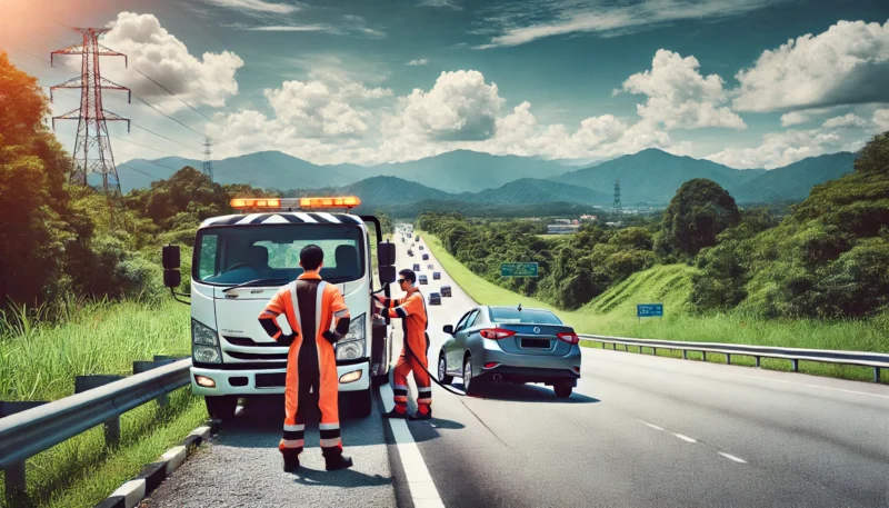 A professional roadside assistance team from the Automobile Association of Malaysia aiding a motorist on a scenic highway, with a modern tow truck and lush greenery in the background.